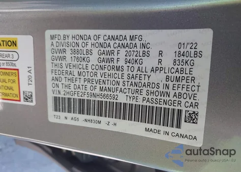 2022 Honda Civic Sport from USA, damaged, VIN 2HGFE2F59NH566592